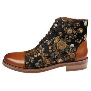 Justin Reess Adam Mens Floral Tapestry Leather Lace Up Boots Tan Black Gold 40